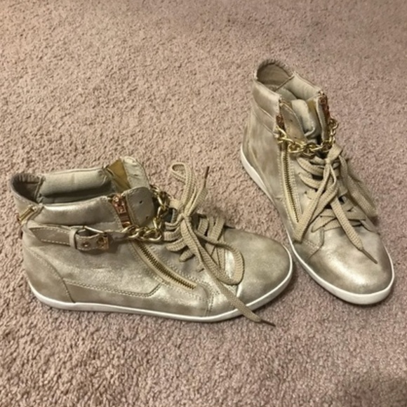 Gold  glam rock high top chain zipper sneakers - Picture 1 of 3